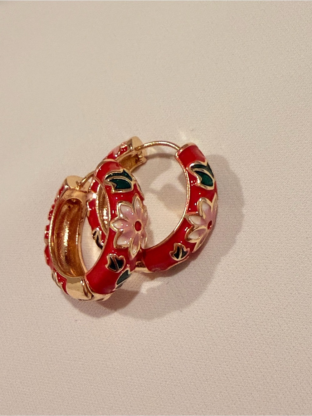 Red Enamel Hoop Earrings with Pink Floral Accents - Picture 3 of 6